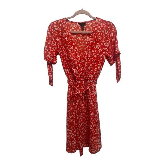Red Floral New Look Faux Wrap Dress Belted Size 2 Spring - Picture 1 of 9